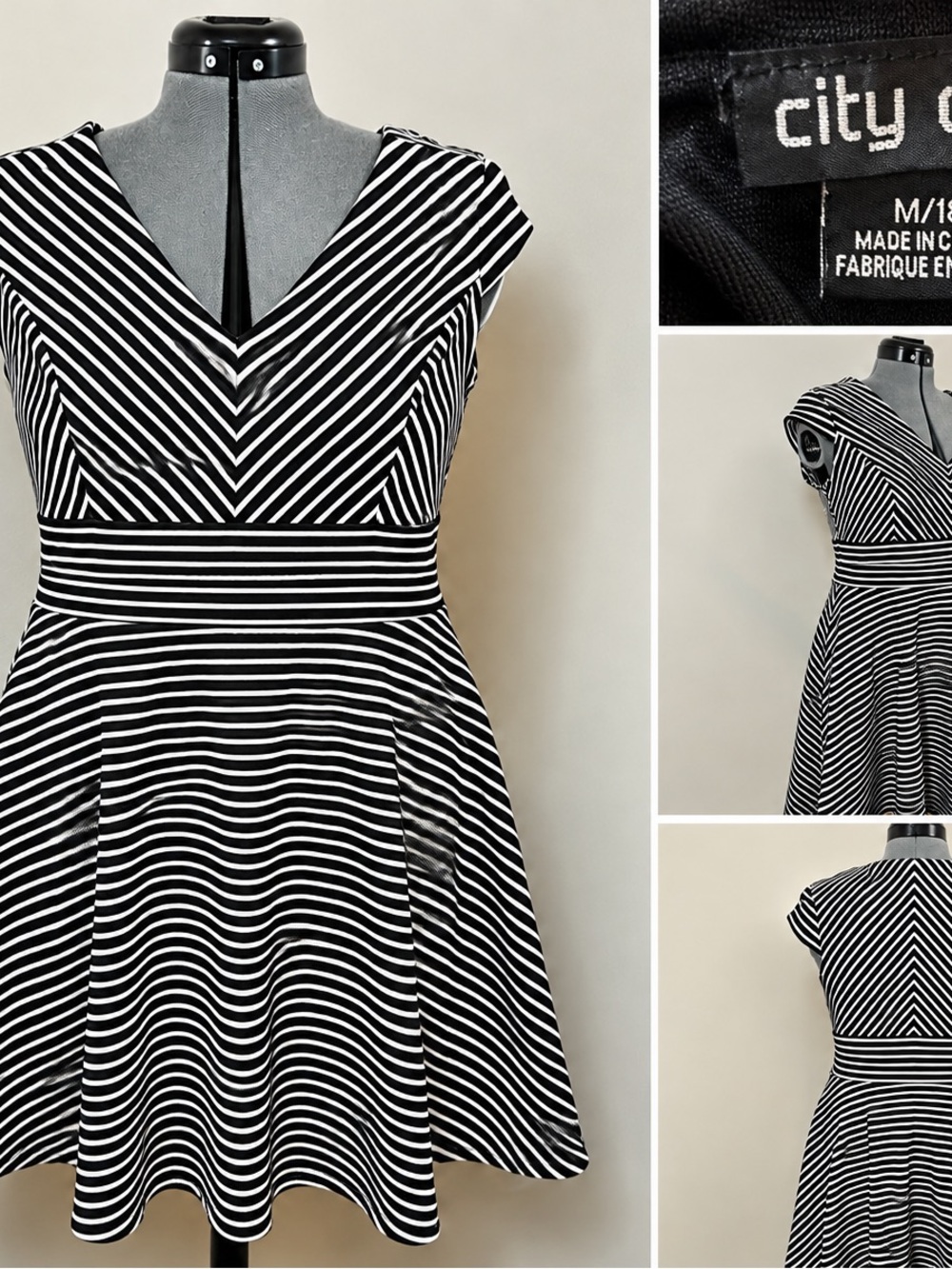 City Chic Black and White Striped Fit & Flare Dress